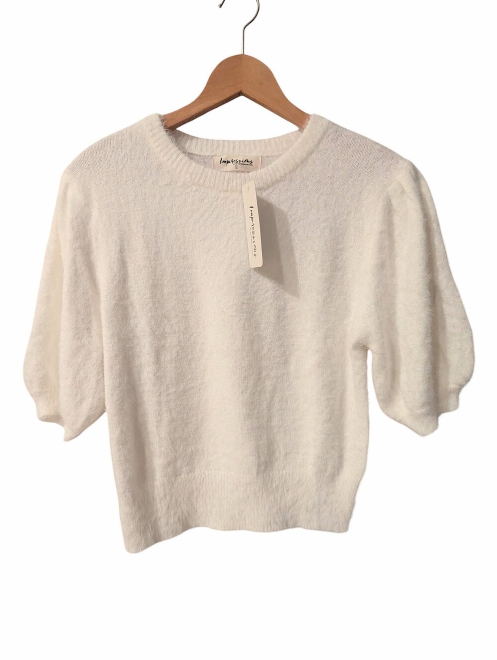 IMPRESSIONS Cream Short-Sleeve Crewneck Knit Pullover Large
